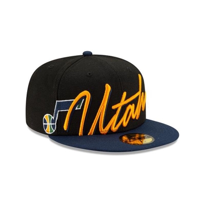 Black Utah Jazz Hat - New Era NBA Cursive 59FIFTY Fitted Caps USA0193765